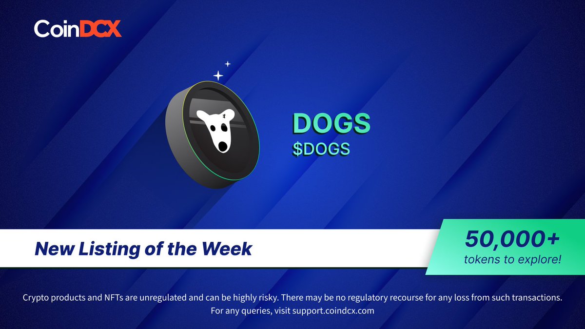 The $DOGS are all good to go now, but where? 🤔 On CoinDCX of course!  @realDogsHouse is now listed on CoinDCX! 🚀 #CoinDCXListing #DOGS  #50kTokensOnCoinDCX Disclaimer: Crypto products and NFTs are unregulated