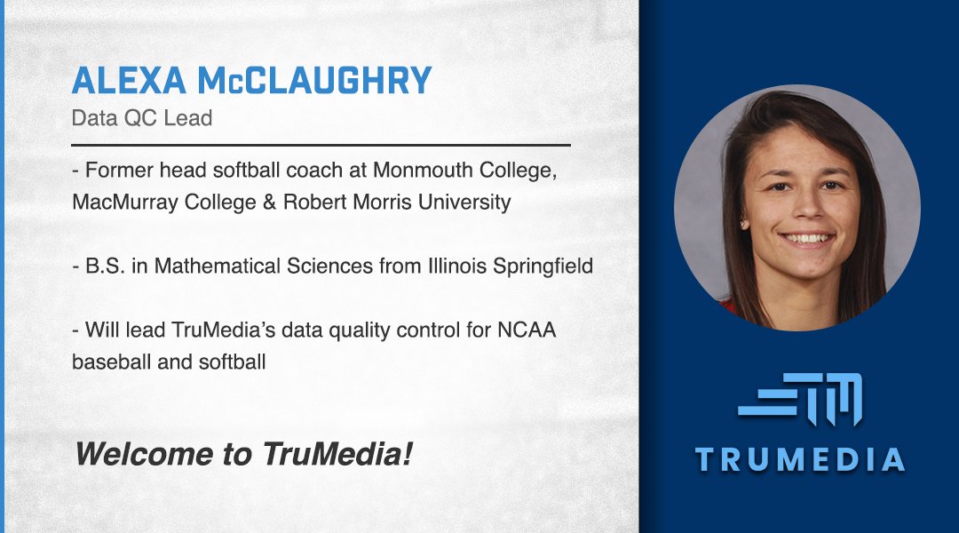 TruMedia (@trumediasports) on Twitter photo TruMedia welcomes Alexa McClaughry (<a href="/alexamcc24/">Alexa Storm</a>) to our team!
Alexa will lead our data quality control efforts for NCAA baseball and softball. TruMedia welcomes Alexa McClaughry (<a href="/alexamcc24/">Alexa Storm</a>) to our team!
Alexa will lead our data quality control efforts for NCAA baseball and softball.