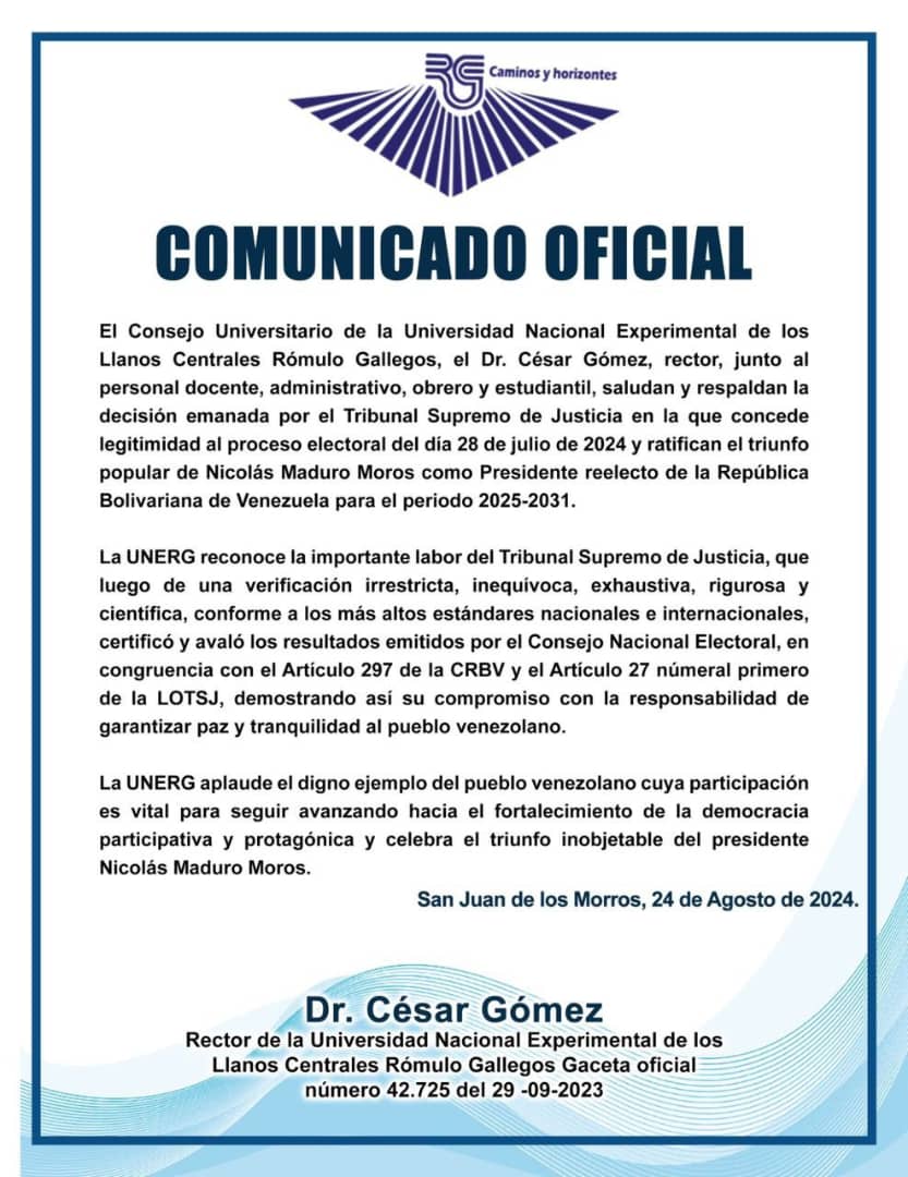Unerg Oficial (@oficialunerg) on Twitter photo #ComunicadoOficial
#Unerg
#CaminosYHorizontes
#LaUnergLoTieneTodo
#YoSoyUnerg
#YoDefiendoALaUnerg
@nicolasmaduro
<a href="/delcyrodriguezv/">Delcy Rodríguez</a>
<a href="/sandraoblitasr/">Sandra Oblitas Ruzza</a>
@mppeu_ve
<a href="/josemvasquez1/">Josep camilo</a>
<a href="/gob/">Glenn O. Brown</a>.guarico
<a href="/cesgomez29/">César Gómez.</a> #ComunicadoOficial
#Unerg
#CaminosYHorizontes
#LaUnergLoTieneTodo
#YoSoyUnerg
#YoDefiendoALaUnerg
@nicolasmaduro
<a href="/delcyrodriguezv/">Delcy Rodríguez</a>
<a href="/sandraoblitasr/">Sandra Oblitas Ruzza</a>
@mppeu_ve
<a href="/josemvasquez1/">Josep camilo</a>
<a href="/gob/">Glenn O. Brown</a>.guarico
<a href="/cesgomez29/">César Gómez.</a>