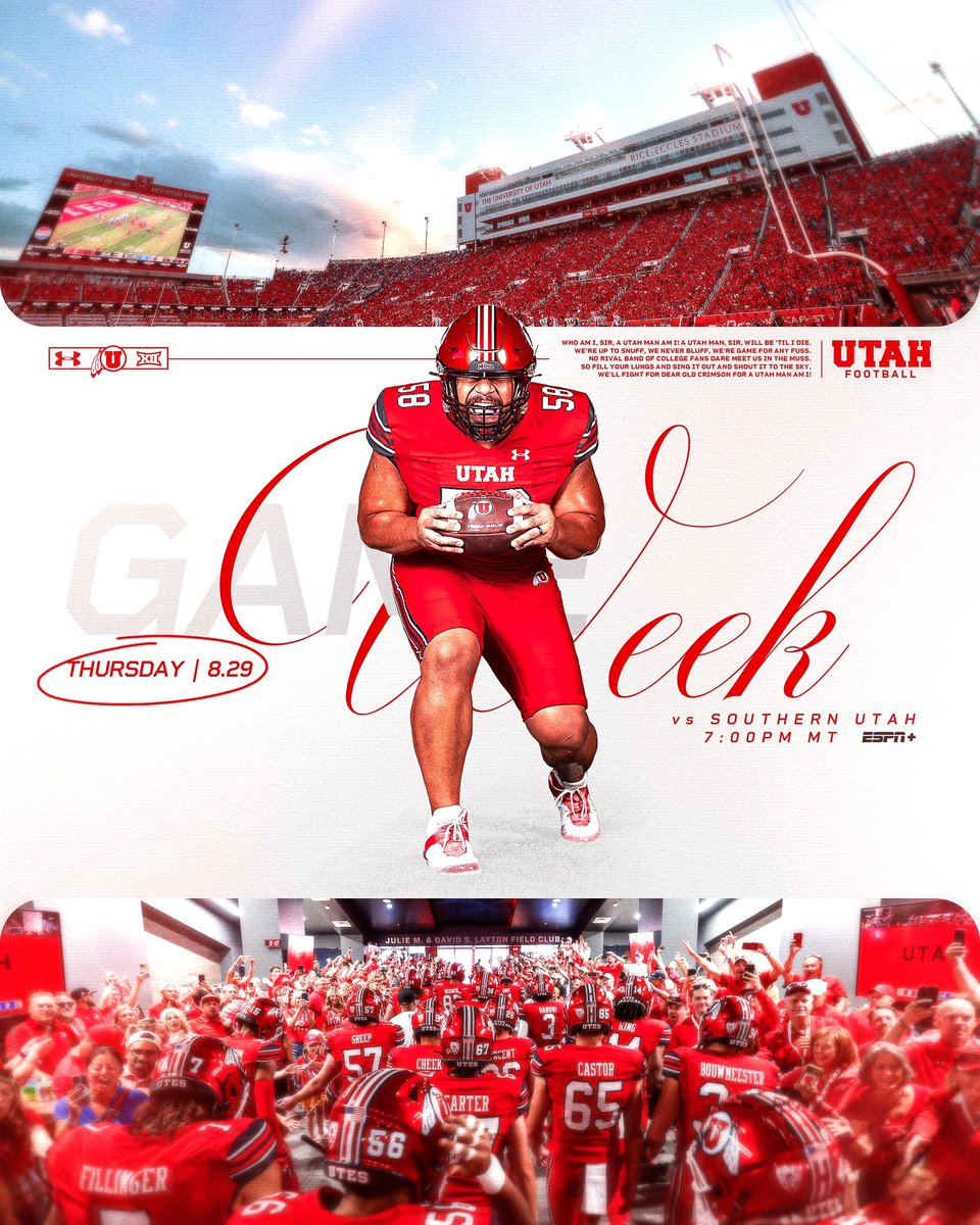 Ay Utah, 𝗜𝗧’𝗦 𝗚𝗔𝗠𝗘 𝗪𝗘𝗘𝗞‼️

🗓️: Thursday 8.29
⏰: 7PM MT 
📺: ESPN+

#GoUtes
