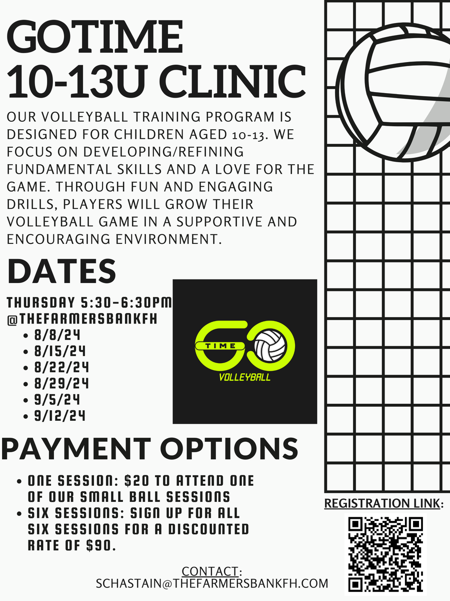 GoTime Volleyball (@gotimevb) on Twitter photo It's not too late to sign up! Join in on the fun and growth with GoTime Volleyball for our last three sessions of Small Ball for ages 6-9 and clinic for ages 10-13! Scan the QR code on the flyer to register!
Location: <a href="/TheFarmersBFH/">The Farmers Bank Fieldhouse</a> It's not too late to sign up! Join in on the fun and growth with GoTime Volleyball for our last three sessions of Small Ball for ages 6-9 and clinic for ages 10-13! Scan the QR code on the flyer to register!
Location: <a href="/TheFarmersBFH/">The Farmers Bank Fieldhouse</a>