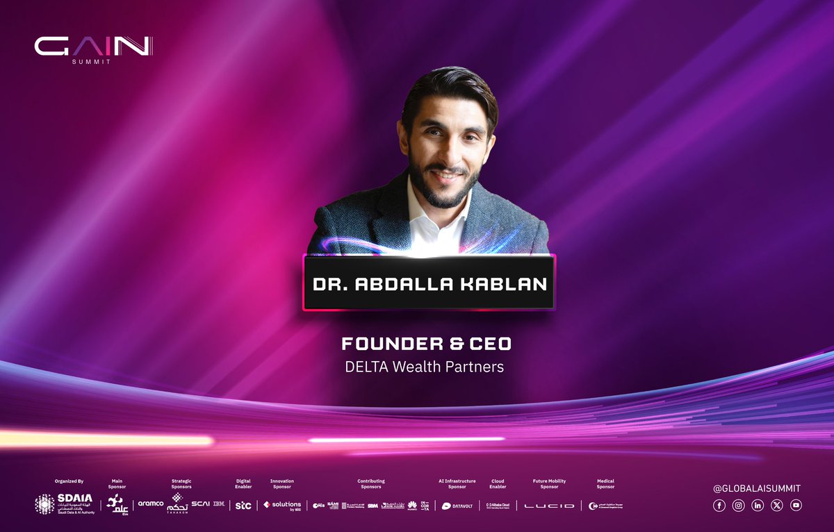 Dr. Abdalla Kablan <a href="/DrKablan/">Abdalla Kablan</a>, the Founder &amp; CEO of DELTA Wealth Partners, is speaking at the #GainSummit 2024.
Don’t miss it!
Register now:
registration.globalaisummit.org/info