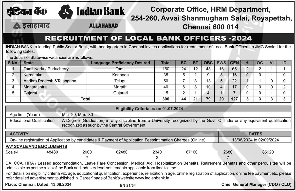 Looking to scale up your career? Indian Bank is hiring 300 Local Bank Officers in JMG Scale! 🌟 Any graduate can apply—no specific degree required. Don't miss out, apply by 2nd September! 🚀 #JobOpportunity #IndianBank #CareerGrowth #BankingJob
