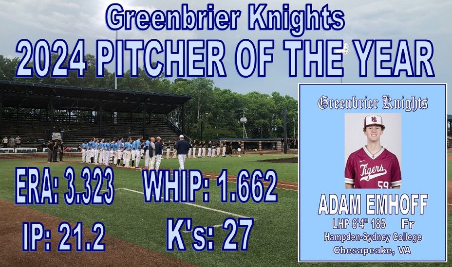 Congratulations Adam Emhoff, Greenbrier Knights 2024 Pitcher of the Year