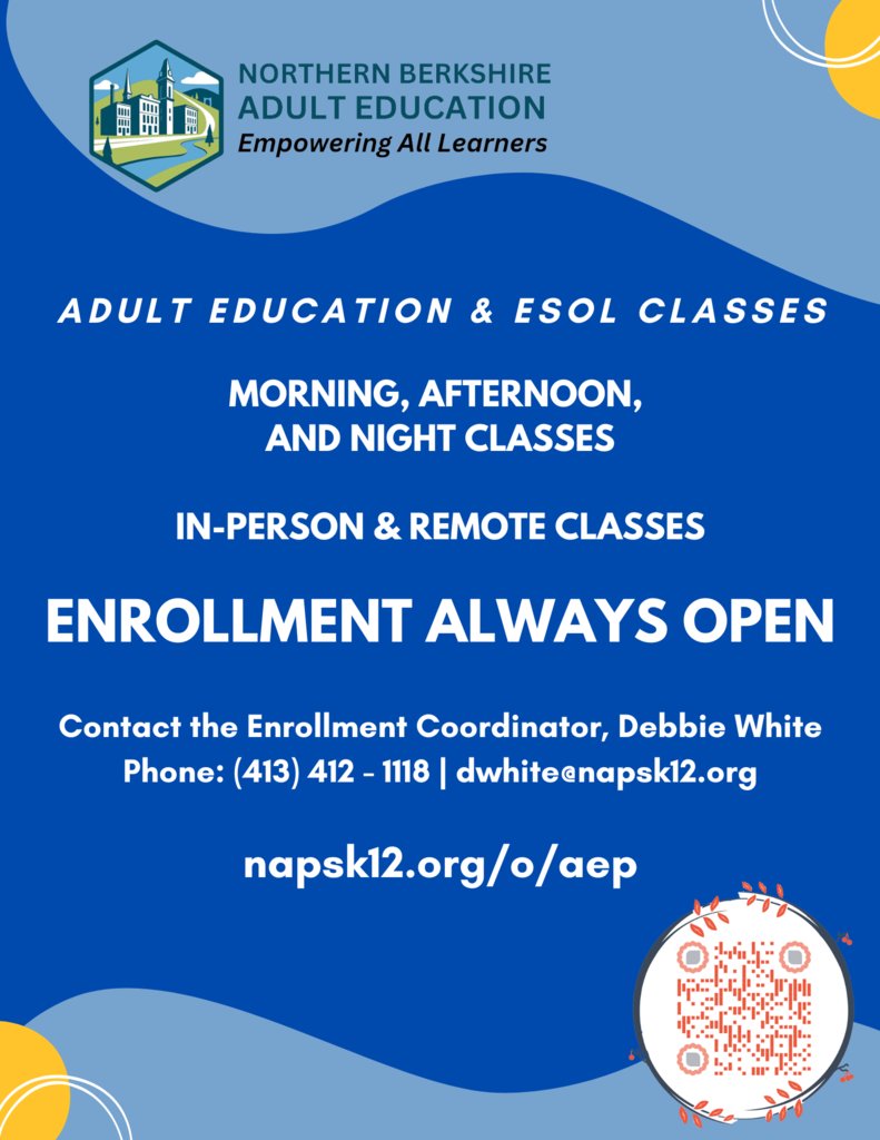 North Adams Public Schools (@napsk12) on Twitter photo Are you interested in earning your High School Equivalency Diploma (HSE) via HiSET/GED? We are currently enrolling for the fall 2024 semester, starting the week of September 9, 2024. Contact our Program Director at apecor@napsk12.org or 413-412-1118. Are you interested in earning your High School Equivalency Diploma (HSE) via HiSET/GED? We are currently enrolling for the fall 2024 semester, starting the week of September 9, 2024. Contact our Program Director at apecor@napsk12.org or 413-412-1118.
