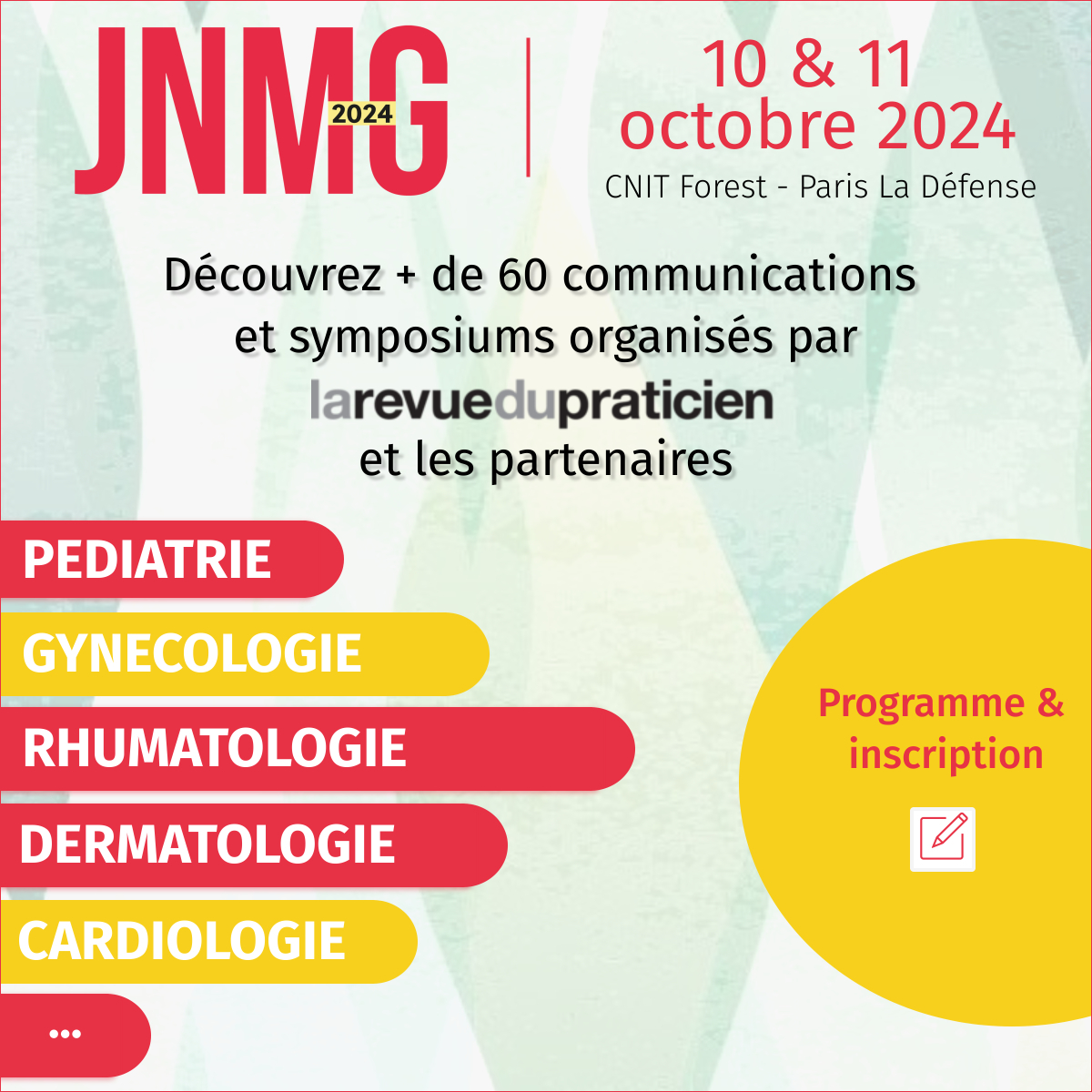 📢 #JNMG2024 : A vous les sessions en rhumatologie, cardiologie, pédiatrie et bien d’autres aires thérapeutiques ! 👨‍⚕️👩‍⚕️

🚀 Construisez votre programme par ici : inscriptions.jnmg.org/?utm_source=RS… 
 
Les Journées Nationales de Médecine Générale sont organisées par La @RevuePraticien