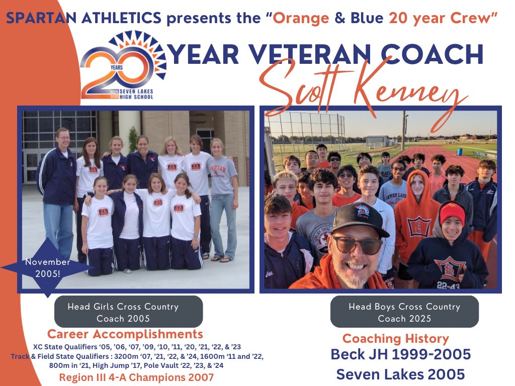Coach Scott Kenney is 1 of 4 remaining original coaches that opened the doors to Seven Lakes in Aug 2005. His list of accomplishments as both boys &amp; girls XC is lengthy but his real impact on Spartan student athletes cannot be measured. 

<a href="/SpartanTrack_XC/">Seven Lakes XC/TF</a> <a href="/kfinnesand/">Kerri Finnesand</a> <a href="/JHamon17/">Jimmy Hamon</a>