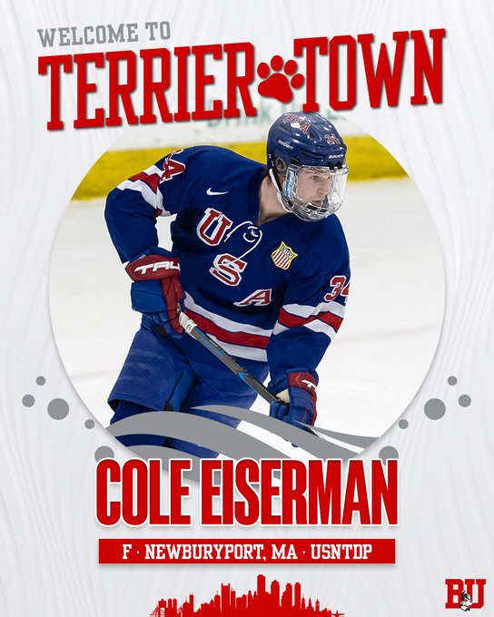 Welcome to Terrier Town graphic featuring photo of Cole Eiserman playing hockey.