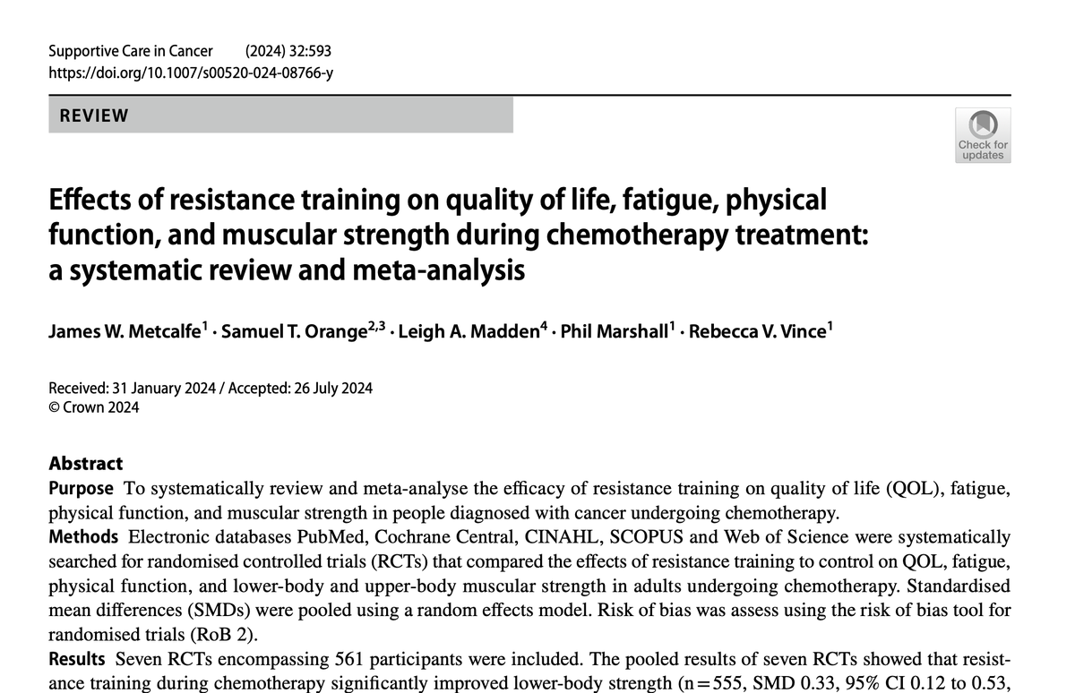 MASCC (@cancercaremascc) on Twitter photo New open-access article in <a href="/MASCC_JSCC/">Supportive Care in Cancer: Springer Journal</a>: Effects of resistance training on quality of life, fatigue, physical function, and muscular strength during chemotherapy treatment
link.springer.com/article/10.100…
Authors: James Metcalfe, <a href="/SamOrange01/">Sam Orange</a>, Leigh Madden, Phil Marshall & Rebecca Vince New open-access article in <a href="/MASCC_JSCC/">Supportive Care in Cancer: Springer Journal</a>: Effects of resistance training on quality of life, fatigue, physical function, and muscular strength during chemotherapy treatment
link.springer.com/article/10.100…
Authors: James Metcalfe, <a href="/SamOrange01/">Sam Orange</a>, Leigh Madden, Phil Marshall & Rebecca Vince