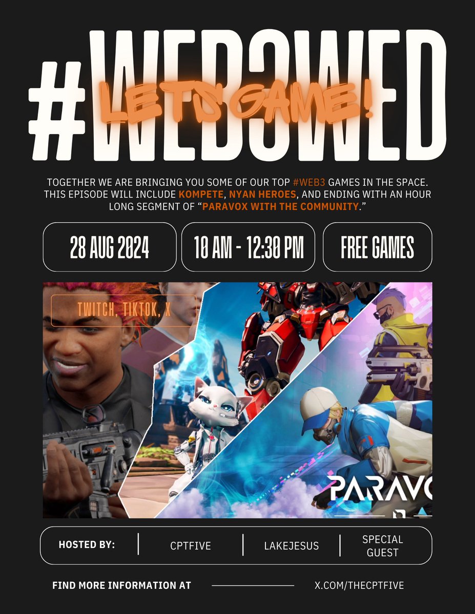 theLake_Geezus's tweet photo. #Web3Wed Is upon us! Join us this Wednesday as we discuss these major Web3 titles!
@KOMPETEgame
at 7:15 AM PST
@nyanheroes
7:45 AM PST
@Paravox
8:15 AM PST
- Might be a special guest from the Paravox Team to come and play with us! See you there! #1KIN https://t.co/Q3XjaIMx79
