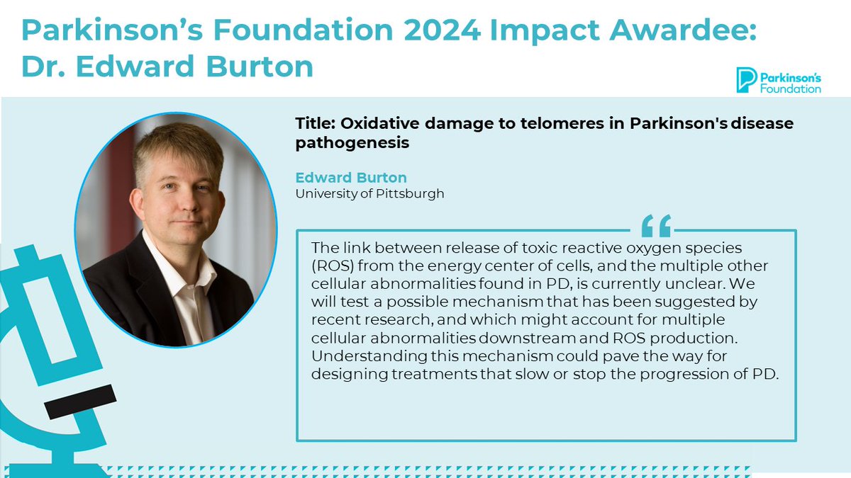 <a href="/PittTweet/">University of Pittsburgh</a> <a href="/Harvard/">Harvard University</a> <a href="/UCLIoN/">UCL Queen Square Institute of Neurology</a> <a href="/BIDMChealth/">BIDMC</a> <a href="/radboudumc/">Radboudumc</a> <a href="/MassGeneralNews/">MassGeneral News</a> 📢 Congratulations to 2024 Impact Awardee, Dr. Edward Burton from <a href="/PittTweet/">University of Pittsburgh</a>, whose project focuses on oxidative damage to telomeres in #Parkinsons disease pathogenesis.