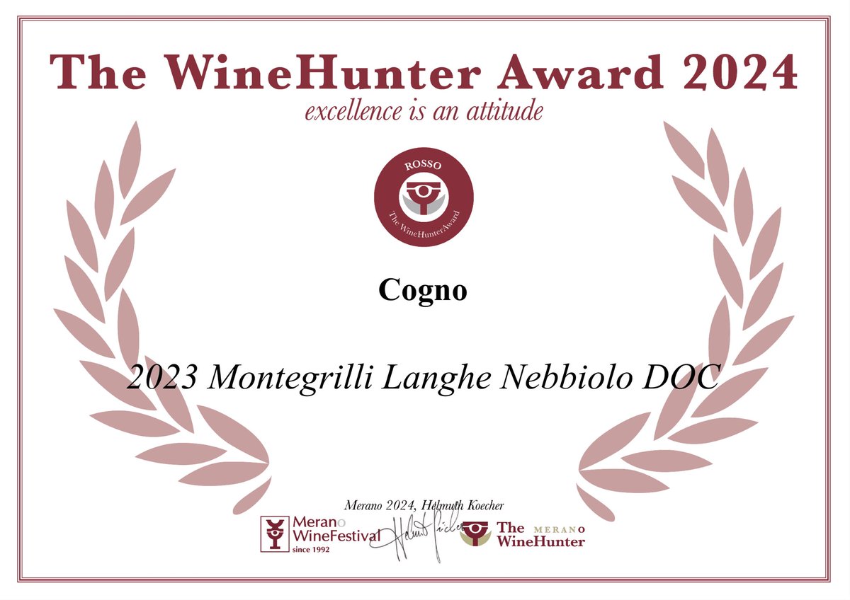 Thank you so much to <a href="/winehunterwh/">The WineHunter</a> for these beautiful awards! See you at <a href="/MeranoWineFest/">Merano WineFestival</a> 😉

#winehunter #meranowinefestival #cogno