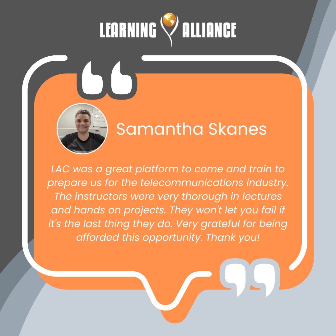 Learng_Alliance's tweet photo. Get to know our student's experiences! Samantha Skanes commented "...Very grateful for being afforded this opportunity. Thank you!" #ShapingFutures #LACinspires #TelecomTechs #Wireless #Training #TowerClimbers #Broadband #StudentTestimonial https://t.co/16KtISglDW https://t.co/kCDoHu65Xc