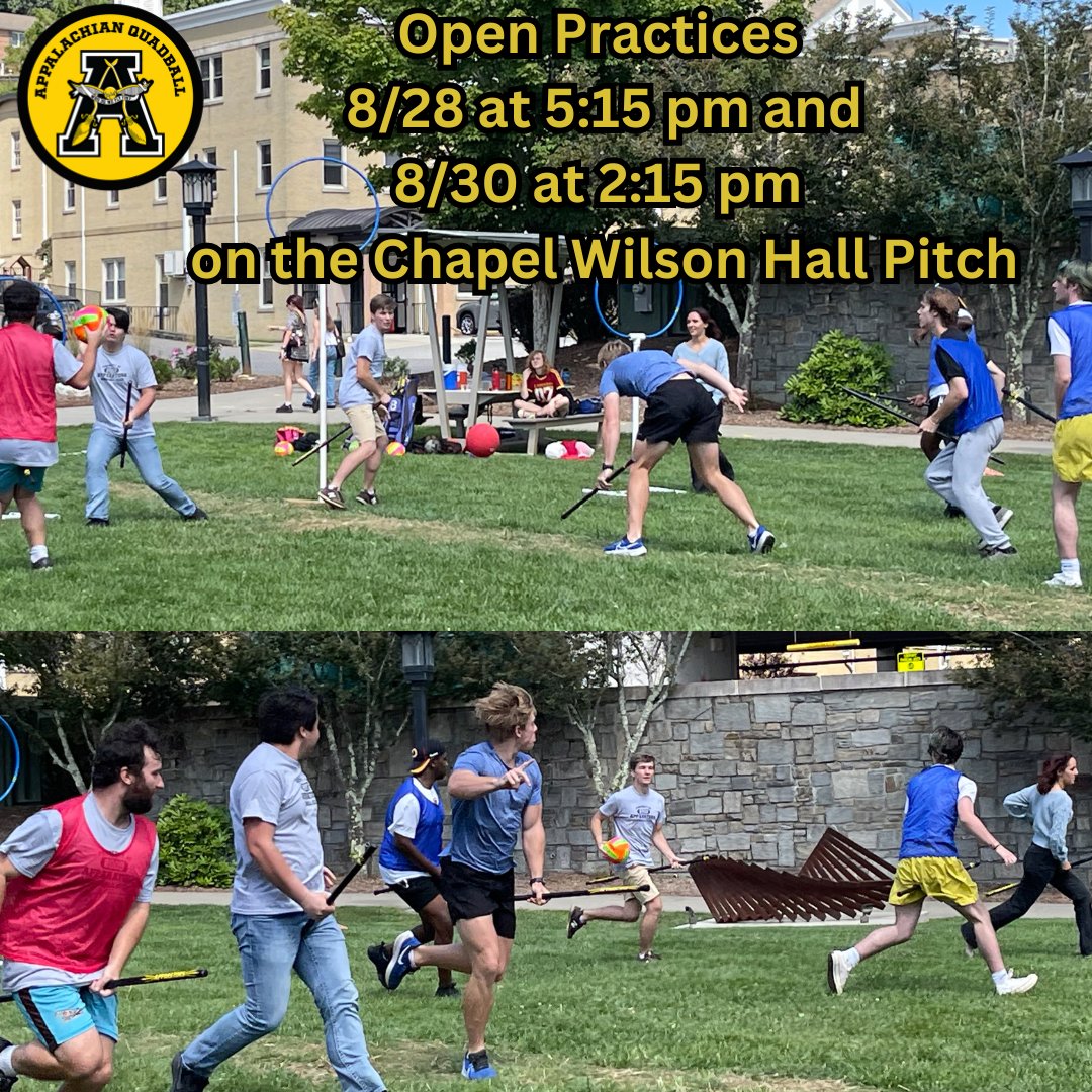 Thanks to all who showed up for the Learn to Play Quidditch Day this past Friday.  We will hold Open Practices this week.  All students are welcome.  8/28 at 5:15 pm and 8/30 at 2:15 pm on the Chapel Wilson Hall Pitch.  See you soon!!  Bring your running shoes and a water bottle!