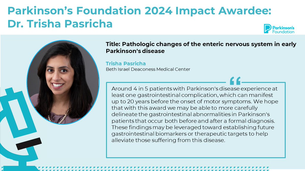 <a href="/PittTweet/">University of Pittsburgh</a> <a href="/Harvard/">Harvard University</a> <a href="/UCLIoN/">UCL Queen Square Institute of Neurology</a> <a href="/BIDMChealth/">BIDMC</a> <a href="/radboudumc/">Radboudumc</a> <a href="/MassGeneralNews/">MassGeneral News</a> 📢 Congratulations to 2024 Impact Awardee, @TrishaPasricha from <a href="/BIDMChealth/">BIDMC</a>, whose project focuses on pathologic changes of the enteric nervous system in early #Parkinsons disease.