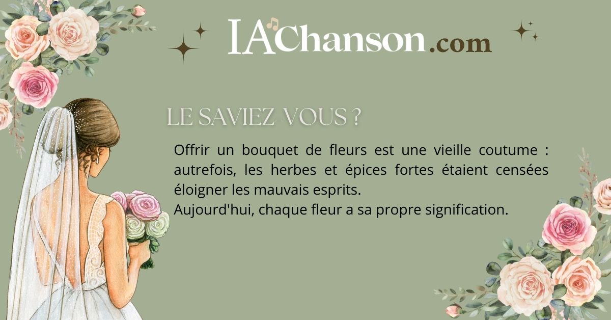 IAchanson's tweet photo. LE SAVIEZ-VOUS ? 
💐Offrir un bouquet de fleurs est une vieille coutume : autrefois, les herbes et épices fortes étaient censées éloigner les mauvais esprits.   
Aujourd'hui, chaque fleur a sa propre signification.🌸🌹
🎶 Abonnez-vous sur https://t.co/ELKsmpGwBJ  
#IAchanson https://t.co/Od2qievIuv