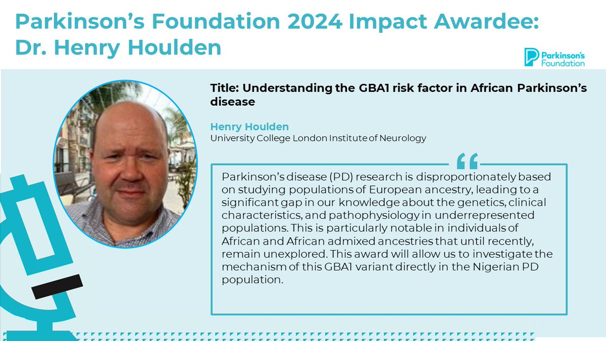 <a href="/PittTweet/">University of Pittsburgh</a> <a href="/Harvard/">Harvard University</a> <a href="/UCLIoN/">UCL Queen Square Institute of Neurology</a> <a href="/BIDMChealth/">BIDMC</a> <a href="/radboudumc/">Radboudumc</a> <a href="/MassGeneralNews/">MassGeneral News</a> 📢 Congratulations to 2024 Impact Awardee, Dr. Henry Houlden from <a href="/UCLIoN/">UCL Queen Square Institute of Neurology</a>, whose project focuses on understanding the GBA1 risk factor in African #Parkinsons disease.