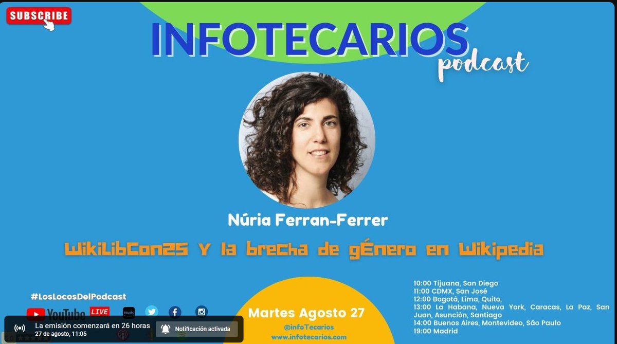 mtenaespinoza's tweet image. #InfotecariosPodcast 🎧@InfoTecarios
Núria Ferran @nferranf 🎙hablará sobre la @WikiLibCon Wikimedia+Libraries International Convention (orígenes y edición 2025).
También  hablaremos sobre la brecha de género en Wikipedia 👩🏾‍💻
🗓️27 de agosto
🕚11:00 hrs 🇲🇽 
youtube.com/live/UWOZuyvJs…