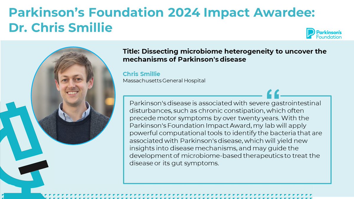 <a href="/PittTweet/">University of Pittsburgh</a> <a href="/Harvard/">Harvard University</a> <a href="/UCLIoN/">UCL Queen Square Institute of Neurology</a> <a href="/BIDMChealth/">BIDMC</a> <a href="/radboudumc/">Radboudumc</a> <a href="/MassGeneralNews/">MassGeneral News</a> 📢 Congratulations to 2024 Impact Awardee, <a href="/cssmillie/">Christopher Smillie</a> from <a href="/MassGeneralNews/">MassGeneral News</a>, whose project focuses on dissecting microbiome heterogeneity to uncover the mechanisms of #Parkinsons disease.