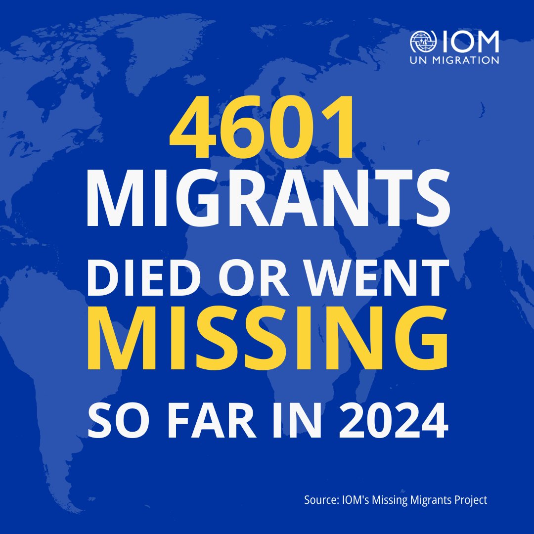 IomSlovenia's tweet image. 🌍 Globally, 4,601 migrants have died or gone missing so far in 2024. June was the deadliest month with 1,072 fatalities.

Since 2014, IOM’s @MissingMigrants project has recorded the deaths of 67,951 people. #MissingMigrants

🔗 More information: missingmigrants.iom.int