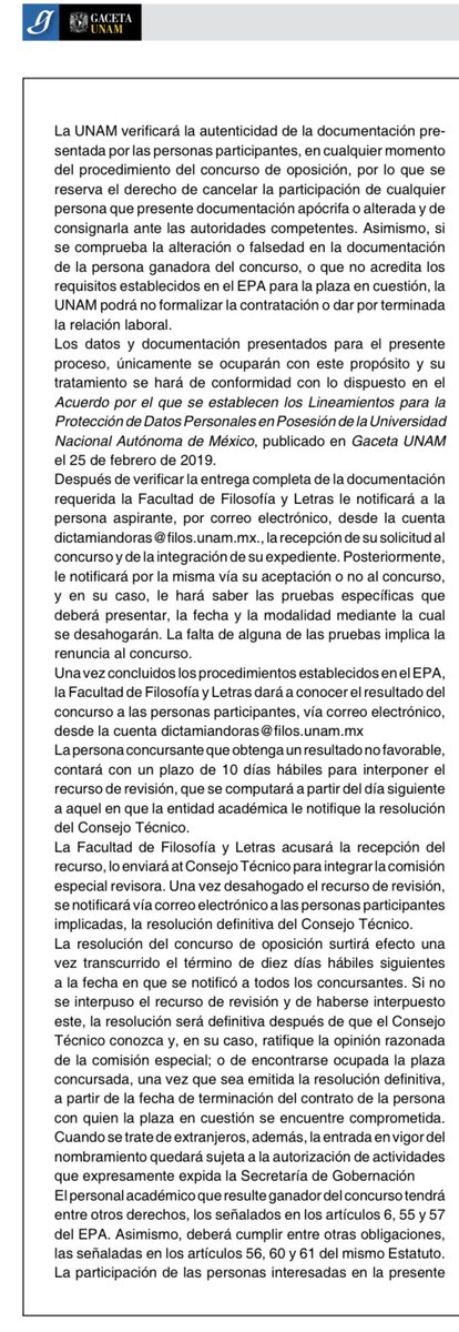 Hoy la <a href="/Gaceta_UNAM/">Gaceta UNAM</a> publica convocatoria a concurso de plaza de profesor/a en el colegio de <a href="/HistoriaFFyL/">Coordinación de Historia, FFyL - UNAM</a> de <a href="/filos_unam/">Filosofía y Letras UNAM</a> con énfasis en historia de México, siglos XIX y XX: