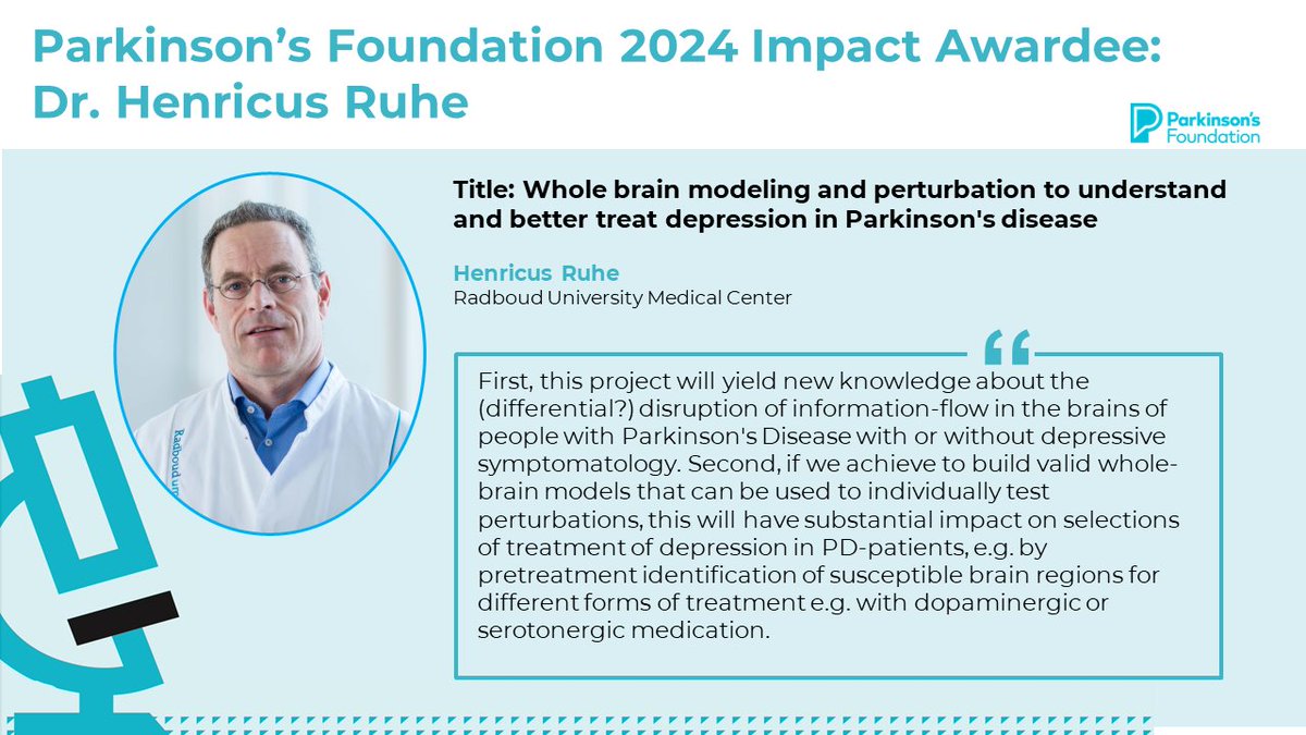 <a href="/PittTweet/">University of Pittsburgh</a> <a href="/Harvard/">Harvard University</a> <a href="/UCLIoN/">UCL Queen Square Institute of Neurology</a> <a href="/BIDMChealth/">BIDMC</a> <a href="/radboudumc/">Radboudumc</a> <a href="/MassGeneralNews/">MassGeneral News</a> 📢 Congratulations to 2024 Impact Awardee, Dr. Henricus Ruhe from <a href="/radboudumc/">Radboudumc</a>, whose project focuses on whole brain modeling and perturbation to understand and better treat depression in #Parkinsons disease.