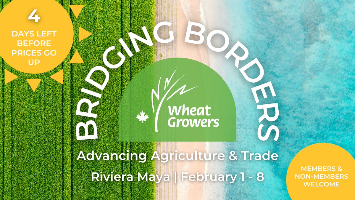 🌞 Don’t miss out on an incredible event in Riviera Maya! Confirm your attendance by August 29th to lock in early bird pricing. Let’s connect, learn, and relax in paradise!   

INFO: wheatgrowers.ca/2025-conventio…

Members and non-members welcome!

#CdnAg #WestCdnAg #TwitterAg