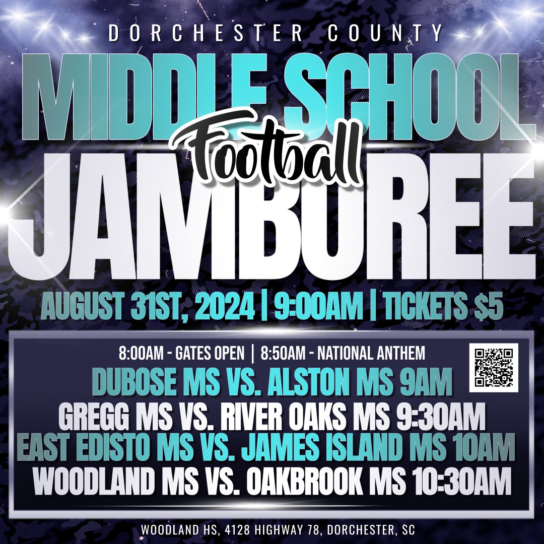 Dorchester County MS Football Jamboree. Sat., Aug. 31st @ 9am. Tickets $5. Gates open @ 8am, kick-off at 9am. Dubose MS vs. Alston MS 9am, Gregg MS vs. River Oaks MS 9:30am, East Edisto  vs. James Island M10am, Woodland  vs. Oakbrook  10:30am Hosted at WHS gofan.co/event/1646377?…