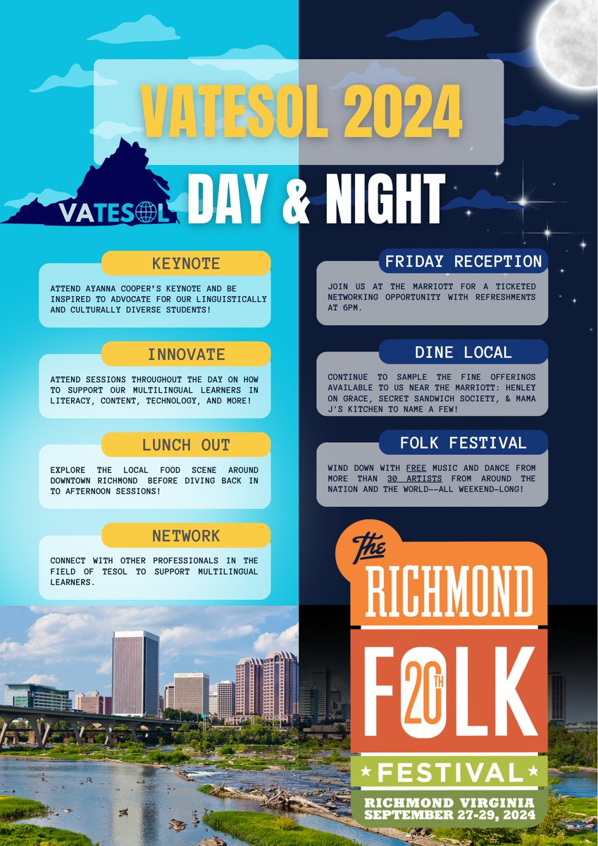 🌟 Just one month left to register for the 2024 VATESOL Conference in Richmond, VA, September 27-28! 🌟
☀️VATESOL by day, exploring Richmond's vibrant local scene by night🌃
Don't miss out—secure your spot now and get ready to learn, connect, and explore!
#VATESOL2024 #RichmondVA