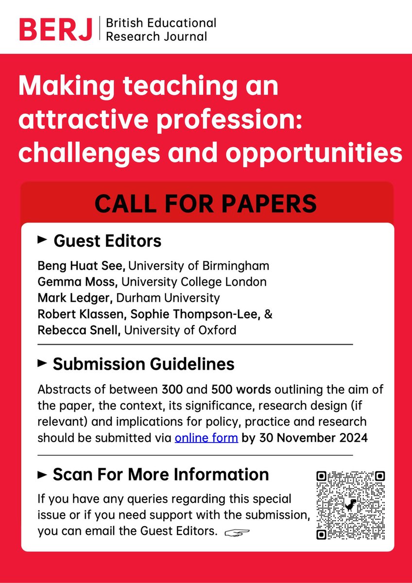 British Educational Research Journal (@berj_editors) on Twitter photo @BERJEditors is planning five special issues as we look forward to the next 50 years. Four calls are now ready 👇🏼 Please consider contributing to one of them by submitting an abstract. Please also share to your networks. All calls are available via bera-journals.onlinelibrary.wiley.com/hub/journal/14… @BERJEditors is planning five special issues as we look forward to the next 50 years. Four calls are now ready 👇🏼 Please consider contributing to one of them by submitting an abstract. Please also share to your networks. All calls are available via bera-journals.onlinelibrary.wiley.com/hub/journal/14…