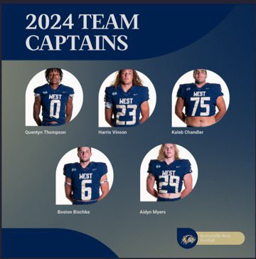 Wolverine Football (@bville_west_fb) on Twitter photo Here are our 2024 Team Captains! #FAST <a href="/HarrisVinson1/">Harris Vinson</a> <a href="/quethompson_/">que</a> <a href="/k_chandler61/">Kaleb Chandler</a> <a href="/aidyn_myers1/">Aidyn Myers</a> <a href="/BostonBischke/">Boston Bischke</a> Here are our 2024 Team Captains! #FAST <a href="/HarrisVinson1/">Harris Vinson</a> <a href="/quethompson_/">que</a> <a href="/k_chandler61/">Kaleb Chandler</a> <a href="/aidyn_myers1/">Aidyn Myers</a> <a href="/BostonBischke/">Boston Bischke</a>