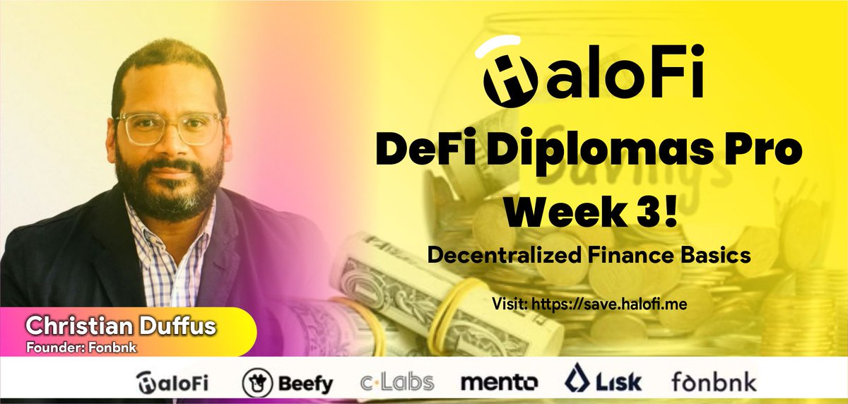 smart_rogo's tweet photo. Excited to announce that Christian Duffus (@cduffus), founder of @fonbnk1, will be our keynote speaker for HaloFi DeFi Diplomas Pro Week 3! 🎓
Learn about DeFi, how to get started, and the risks involved. See you on Wednesday! #DeFi #HaloFi #education https://t.co/b9JT3xMbDa