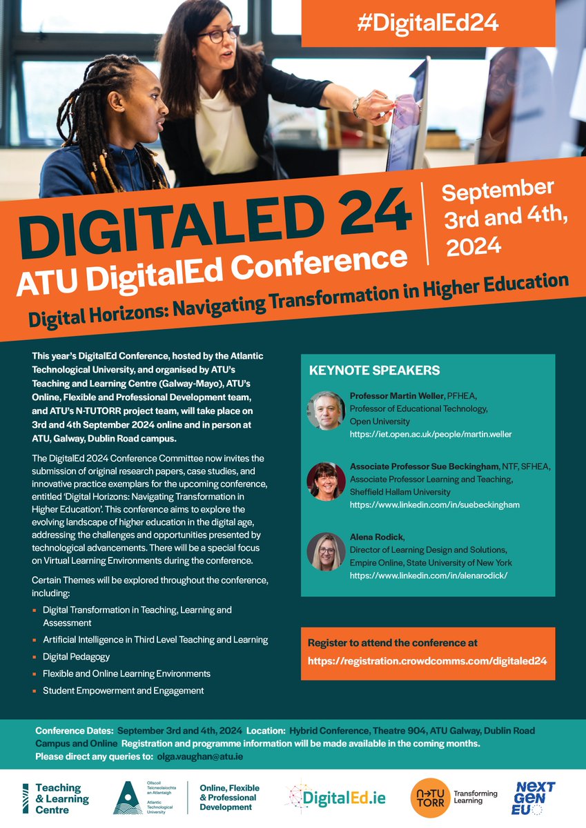 N-TUTORR (@ntutorr) on Twitter photo Join ATU DigitalEd24 on Sept 3-4, online & in Galway campus! 🌐 Keynotes by Martin Weller, Sue Beckingham <a href="/suebecks/">Sue Beckingham 🎓 💻 💡</a> & Alena Rodick <a href="/lnrdck/">Alena Rodick</a>.
Register by Sept 2: registration.crowdcomms.com/digitaled24
#DigitalEd24 #TransformingLearning #NextGenerationEU Join ATU DigitalEd24 on Sept 3-4, online & in Galway campus! 🌐 Keynotes by Martin Weller, Sue Beckingham <a href="/suebecks/">Sue Beckingham 🎓 💻 💡</a> & Alena Rodick <a href="/lnrdck/">Alena Rodick</a>.
Register by Sept 2: registration.crowdcomms.com/digitaled24
#DigitalEd24 #TransformingLearning #NextGenerationEU