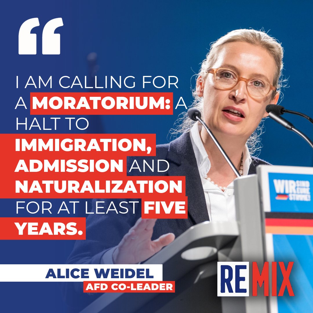 RMXnews's tweet photo. π©πͺβΌοΈ BREAKING:
Germany's AfD party co-leader, Alice Weidel, calls for a COMPLETE STOP to immigration and naturalizations for 5 YEARS.
This is one of the strictest proposals on immigration from any party in Europe.
The call comes in the wake of a Syrian migrant murdering 3 Germans and wounding 11 more in an Islamic-inspired terror attack on the "Festival of Diversity" in Solingen.
Major state elections will occur on Sept. 1 in Germany, with the AfD holding a commanding lead in Thuringia and Saxony with over 30% of the vote.
