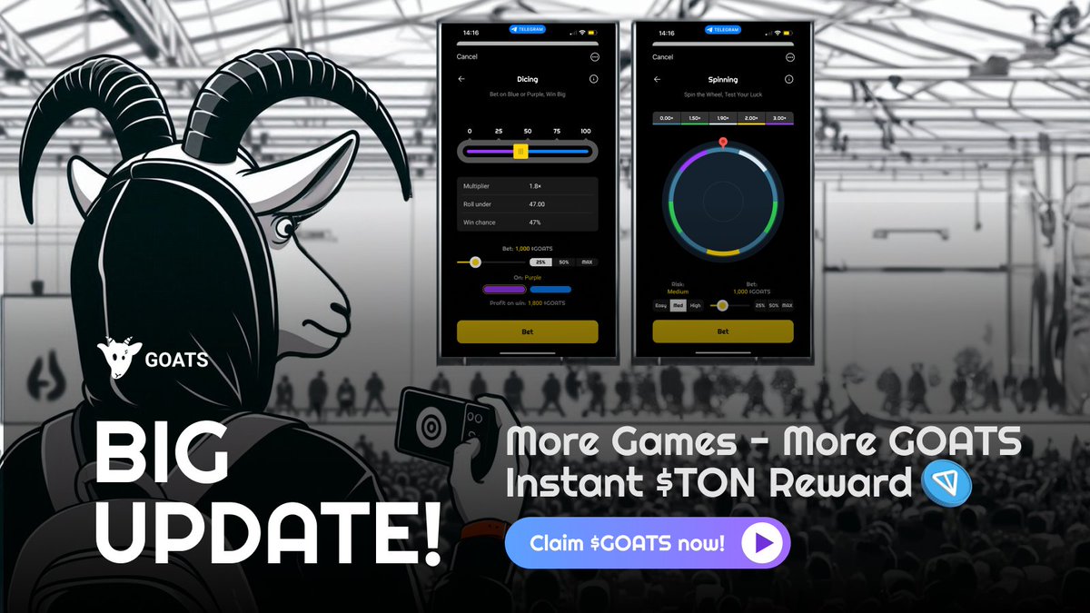 GOATS GOLDEN UPDATE!

GOATS fam, it’s time to level up with an update so massive, you’ll be hunting $GOATS harder than ever! 🐐💥

Here’s what’s hot off the press:

🏆 $TON Reward Everyday:
Mini-game leaderboard resets daily, and the Top 10 can claim and withdraw $TON every