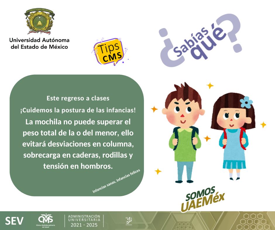 En este regreso a clases, recuerda cuidar la columna, rodillas y tensión en hombros  de las infancias, ¡checa qué tipo de mochila y el peso que carga!
#TipsCMS
#SomosCMSUAEMéx
#SomosUAEMéx
