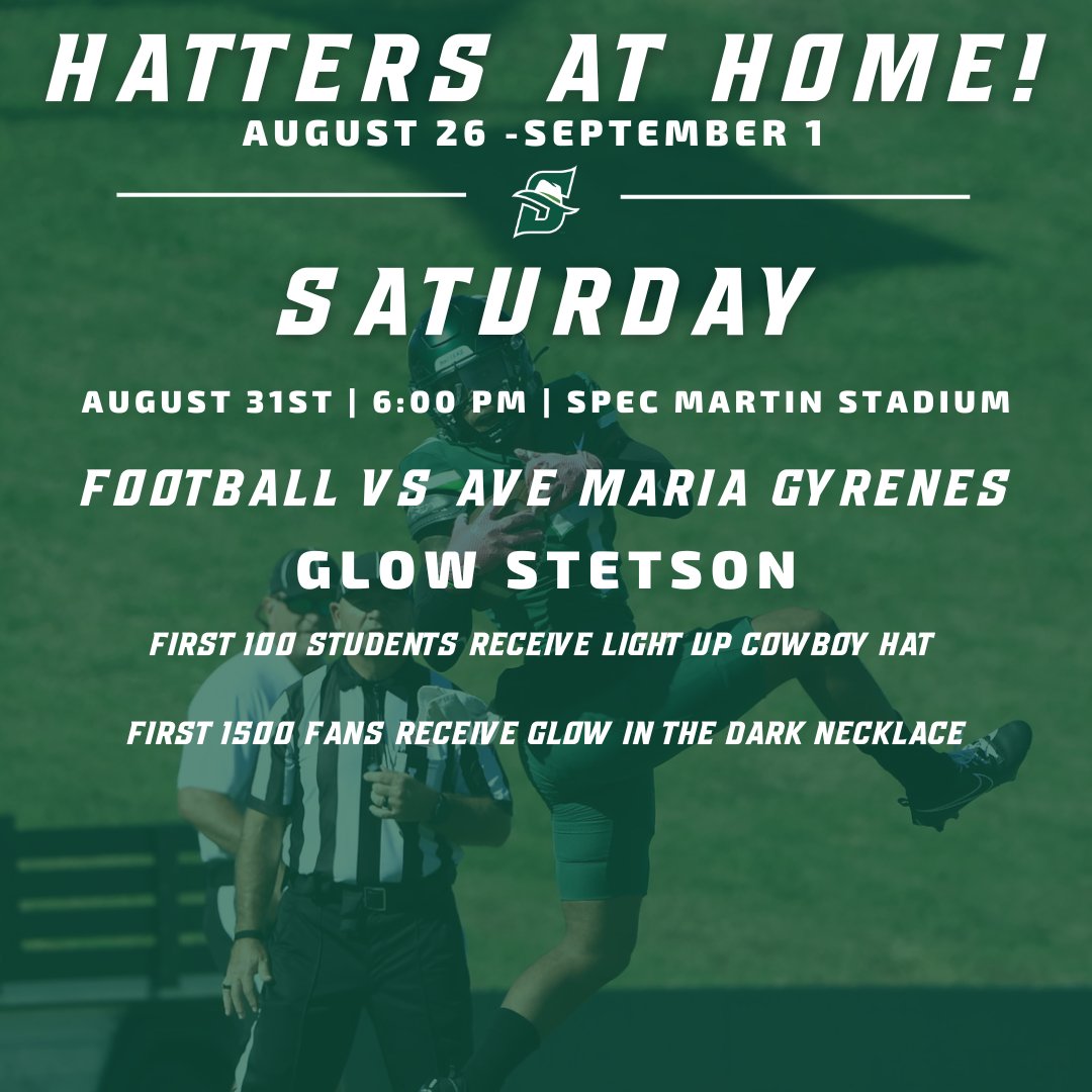 StetsonHatters's tweet photo. 𝘽𝙞𝙜 𝙬𝙚𝙚𝙠 𝙖𝙩 𝙝𝙤𝙢𝙚!

Kicking off the first full week of the semester with a three game slate in DeLand 💪

Football Tickets: https://t.co/S6IroGhGlV

#GoHatters | #DefendDeLand | @StetsonU https://t.co/faXkO7dZaX