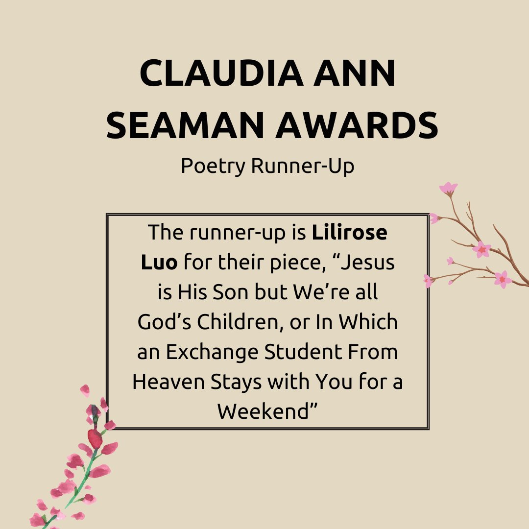 polyphonylit's tweet image. A round of applause for our poetry winners in the 2024 Claudia Ann Seaman Awards! This year's winner in poetry is Sam Luo, and the runners-up are Lilirose Luo and Ziyi Yan. Thank you so much to judge Diego Báez. Congratulations all!