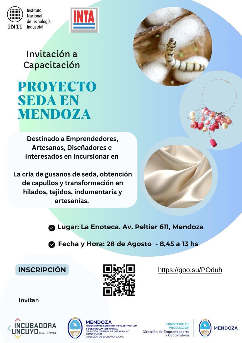 ProyectoSeda's tweet photo. Atención Mendoza 🇦🇷, se acerca una capacitación sobre sericicultura!
Encuentro presencial con inscripción previa https://t.co/BvfqruWAEh