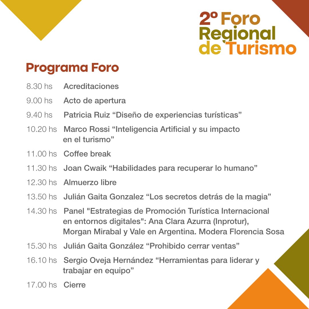 entenortearg's tweet photo. 𝗖𝗼𝗻𝗼𝗰𝗲́  𝗹𝗮 𝗽𝗿𝗼𝗴𝗿𝗮𝗺𝗮𝗰𝗶𝗼́𝗻 𝗱𝗲𝗹 𝗙𝗼𝗿𝗼 𝗥𝗲𝗴𝗶𝗼𝗻𝗮𝗹 𝗱𝗲 𝗧𝘂𝗿𝗶𝘀𝗺𝗼 📝

🗣 Charlas y conferencias de reconocidos disertantes de nivel nacional e internacional.

La inscripción es gratuita a través de 👉 https://t.co/4LJYUzQnls

¡No te lo pierdas! 🤩 https://t.co/afTK1594gc