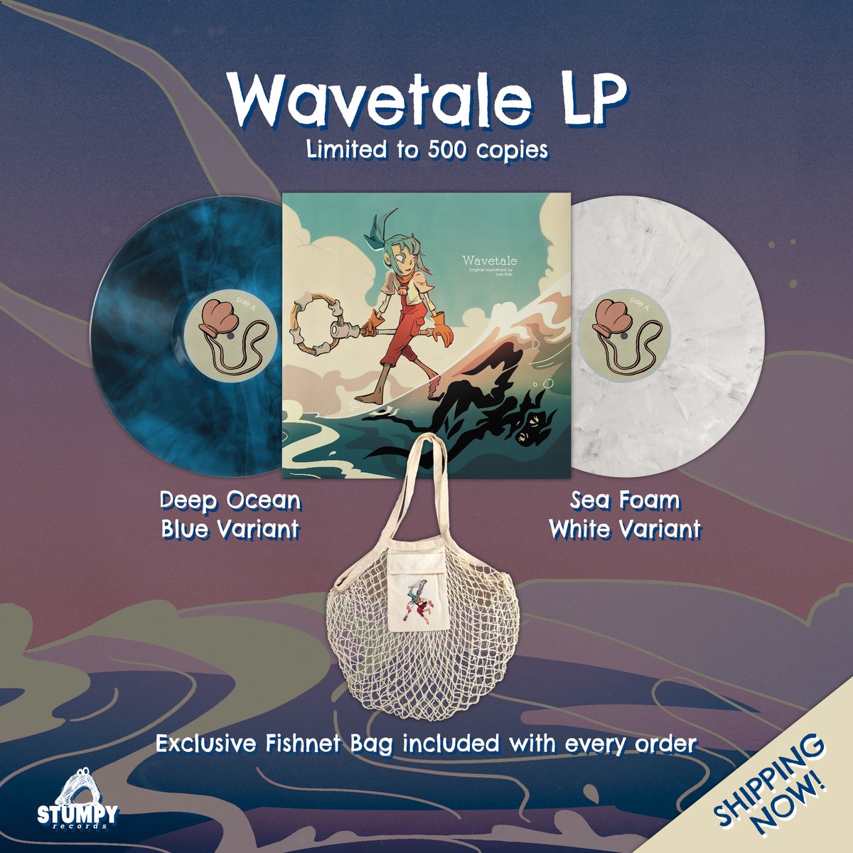 Announcing 𝕊𝔽ℝ06 🌊 WAVETALE!
Live 🗓️Tomorrow, August 27th 
🕘 9AM PT / 🕓 4PM UTC

➡️ In-hand &amp; ready to ship!

Music by <a href="/JoelBulle/">Joel Bille</a> 🎵
Art by @Chromulus 🖌️
Every copy includes custom Fishnet Bag 🐟

Thank you for your support ♥️ See you tomorrow!
