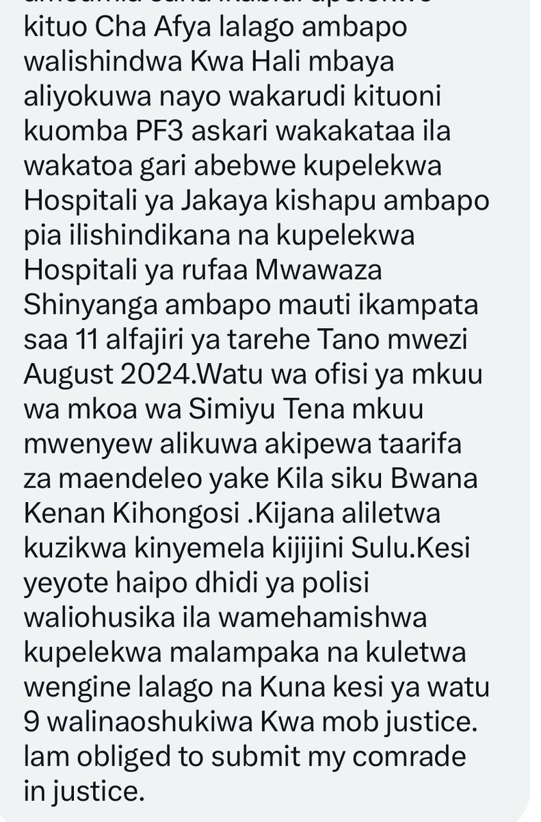 MariaSTsehai's tweet photo. ‼️POLICE BRUTALITY - BUNDA‼️
#NoJusticeNoPeace #Tanzania
Polisi wa Lalago Sub station kesi yenu imetufikia kwa mauaji ya Baraka Makongolo ambaye askari wenu alimpiga hadi kupelekea kifo chake wakati hadi pesa mlishapewa na ndugu kijana atoke
Mkamnyima hata PF3 ya matibabu! 
Makatili sana ninyi
Na Kenan Kihongosi unajua kila kitu! 
IGP usipowajibisha na kuwajibika ujue nyie ndo mnachafua hali ya hewa!
#JusticeForBaraka 
Lazima haki itendeke na wahusika wawajibike! 
#TutaelewanaTu