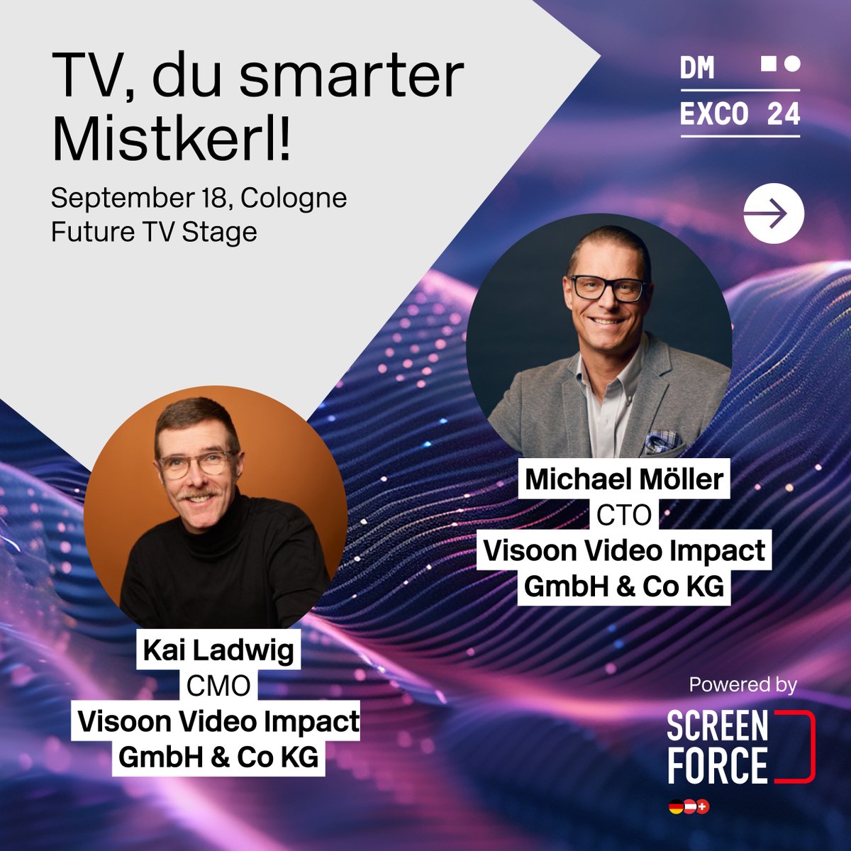 dmexco's tweet image. #TV is more than just a screen… at #DMEXCO24, #Screenforce presents two must-see sessions on our FUTURE TV STAGE, Sept. 18. 📺 Cross-media measurement with Kerstin Niederauer-Kopf (AGF) &amp;amp; how to be more personalized, connected &amp;amp; smart with Kai Ladwig &amp;amp; Michael Möller (Visoon) 👀