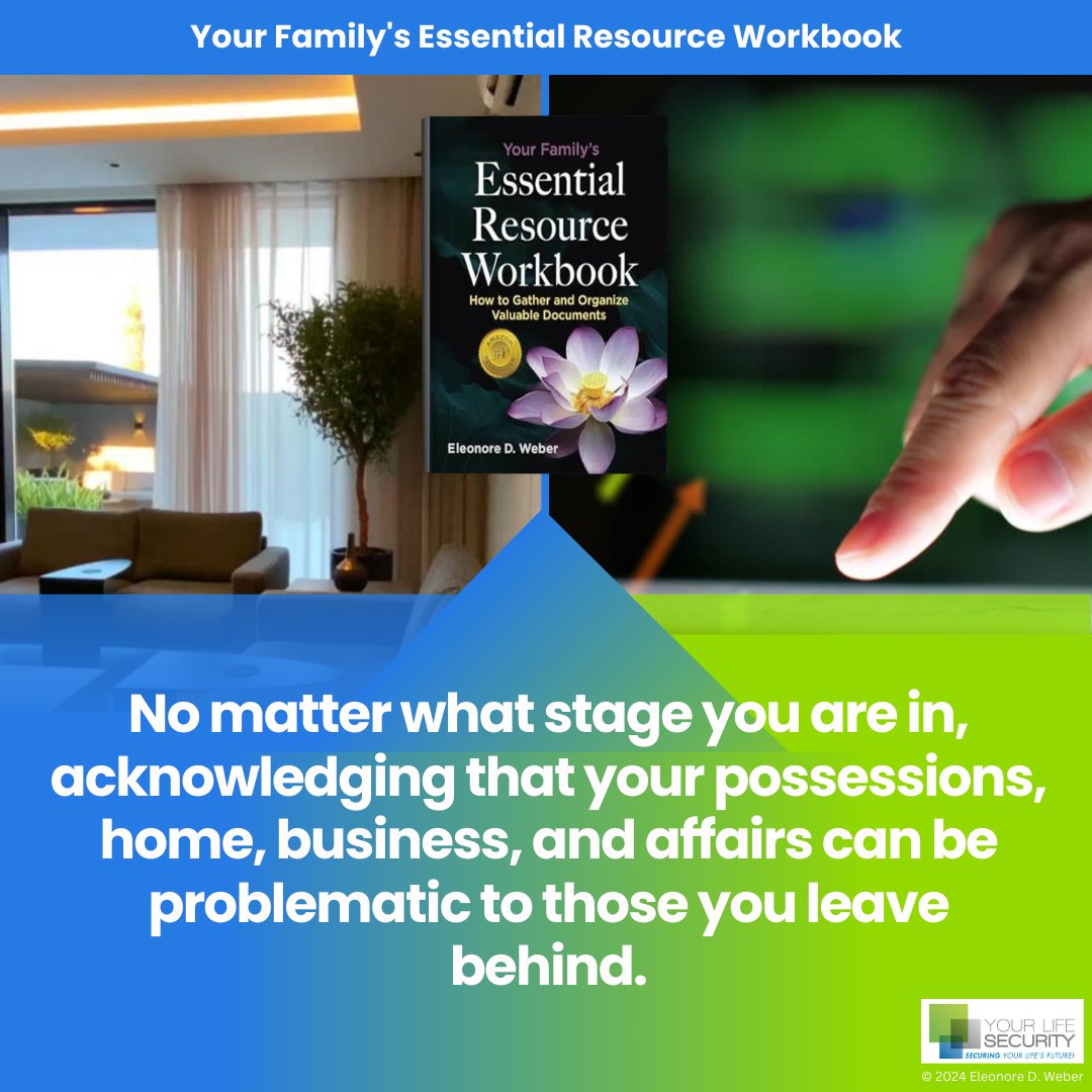 No matter what stage you are in, acknowledging that your possessions, home, business, and affairs can be problematic to those you leave behind.

bit.ly/FamilyResource…⁠
#Longtermcare #EleonoreDWeber #Workbook #Planner #estateplan #RetirementPlanning #Caregving #AssistedLiving