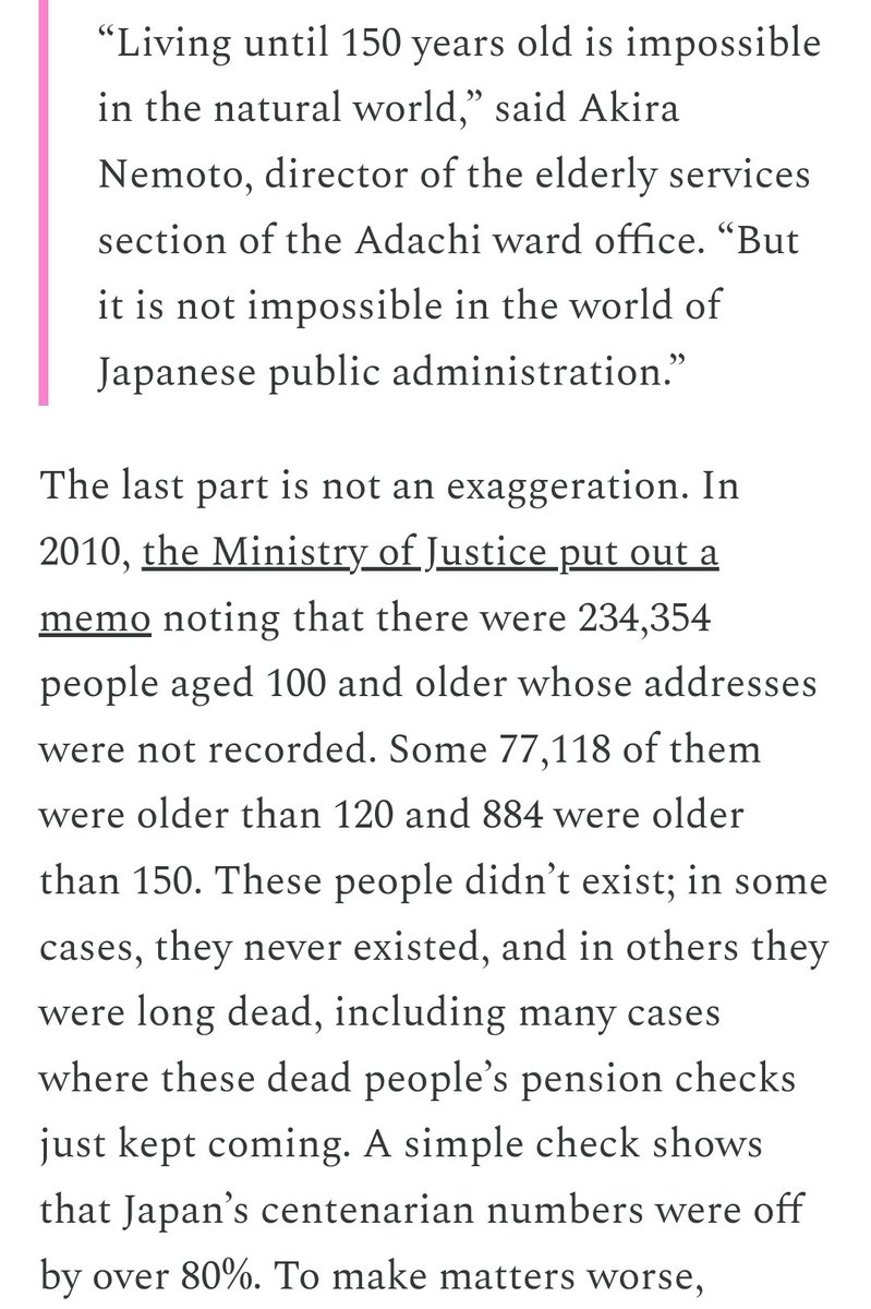 After a supposedly 111-year-old man was found to have been dead since 81 and unreported so his daughter could keep collecting his pension checks, Japanese authorities began investigating the country's oldest old.

They found a mess.