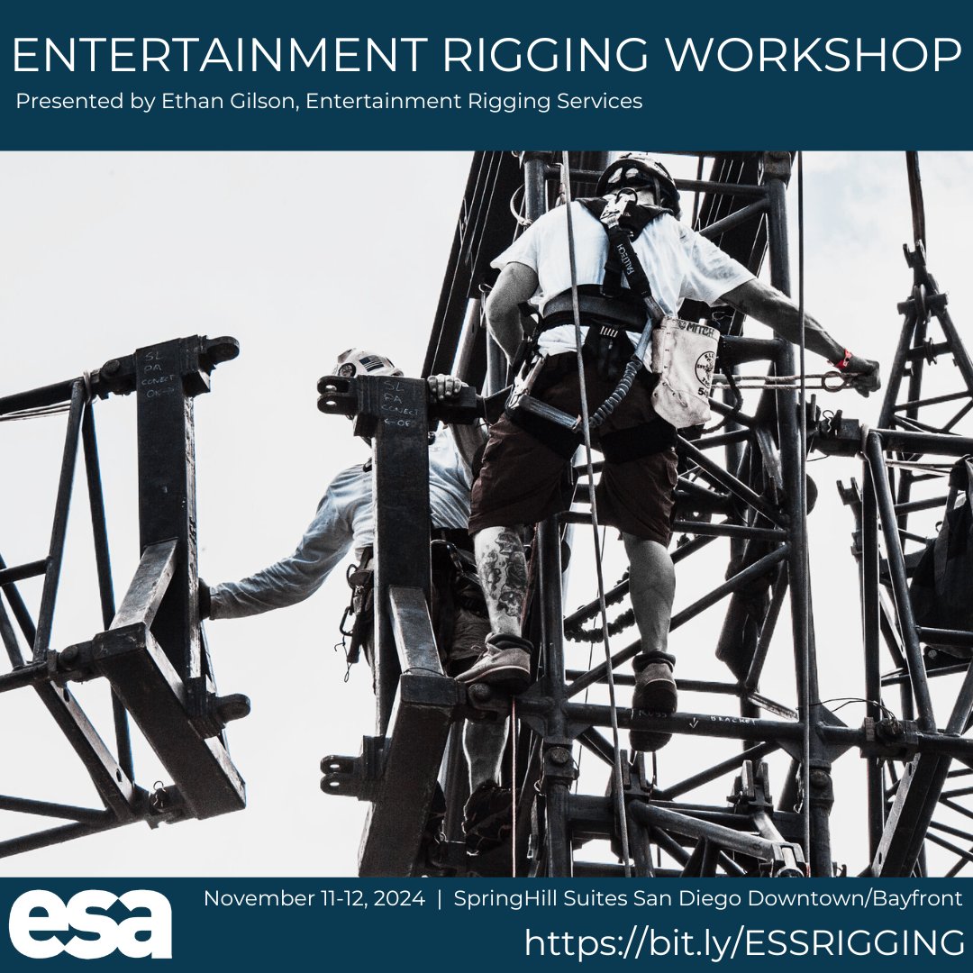 Event Safety Alliance (@eventsafety4all) on Twitter photo ESA is once again delighted to host Entertainment Rigging Services' excellent rigging workshop as part of our Event Safety Summit pre-event programming. Get the details at bit.ly/ESSRIGGING
#eventsafety #eventprofs #rigging ESA is once again delighted to host Entertainment Rigging Services' excellent rigging workshop as part of our Event Safety Summit pre-event programming. Get the details at bit.ly/ESSRIGGING
#eventsafety #eventprofs #rigging