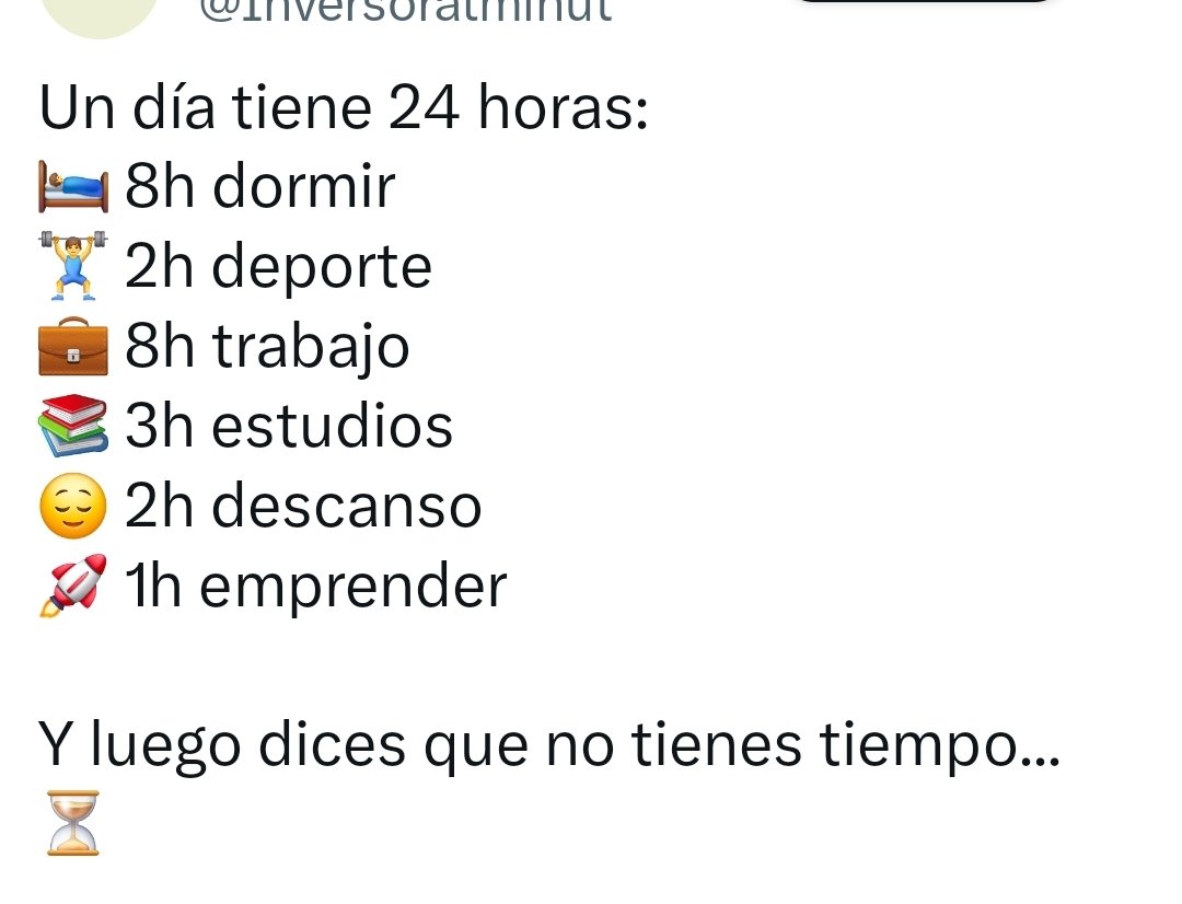 Politica_Basica's tweet photo. 6 hrs de sueño porque hay que madrugar.
2 hrs de traslado al trabajo. (Si hay hijos agrégale el tiempo de darles de desayunar y llevarlos a la escuela)
8 hrs de trabajo (si no te explotan con hrs extra sin pago adicional).
2 hrs de regreso a casa
Quedan menos de 6 hrs que dividir para comprar comida, cocinar, limpiar, lavar ropa y todo esto, sin tener en cuenta que puede que haya que cuidar a otra persona, tal vez enferma o de edad avanzada.

¿Descanso? ¿Te parece que somos ricos Malcolm? 

"Echarle ganas" y/o culpar a la gente "por ser pobre /no ser emprendedora" es vivir en una burbuja de privilegio y desconocimiento total de la realidad social.