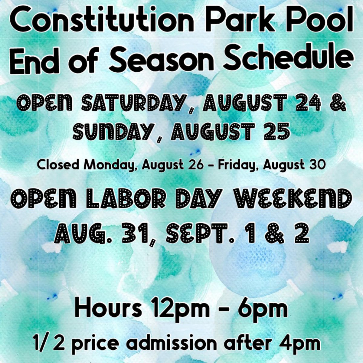 End of Season schedule for the Cumberland Constitution Park Pool

Closed Monday August 16- Friday August 30
Open Labor Day Weekend, August 31, September 1, and September 2

Hours 12PM - 6PM
1/2 price admission after 4PM