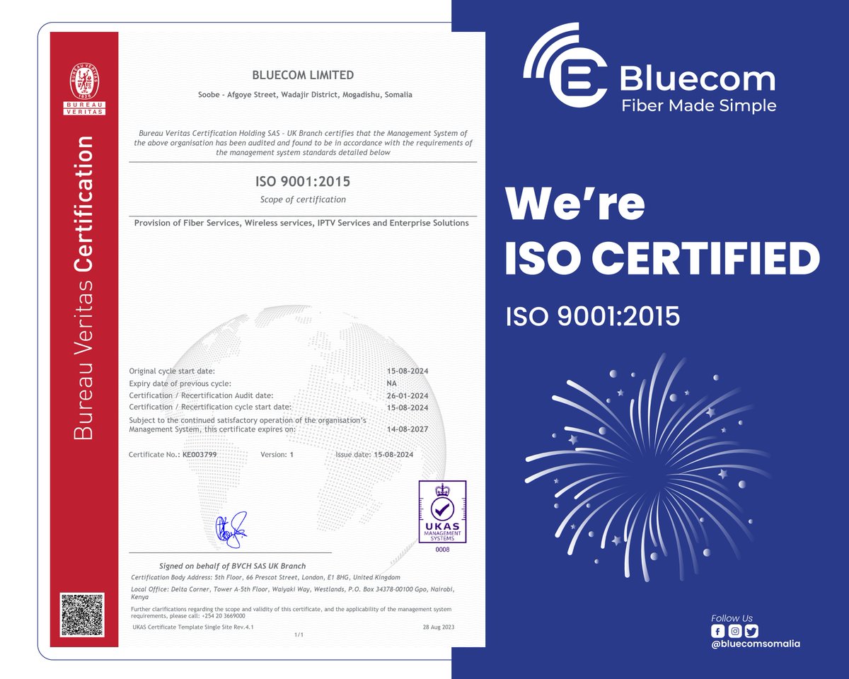 BluecomSomalia's tweet photo. *Bluecom Fiber Achieves ISO 9001:2015 Certification!* 🌟

We are thrilled to announce that Bluecom Fiber has been awarded the prestigious *ISO 9001:2015* certification! 🏆

This globally recognized standard is a testament to our unwavering commitment to delivering the highest quality service and ensuring customer satisfaction at every step. 

Thank you to our dedicated team and loyal customers for making this possible. Together, we continue to set the standard for excellence in the telecom industry! 💪🚀

#BluecomFiber #ISO9001 #QualityExcellence #ISPLeadership #Somalia