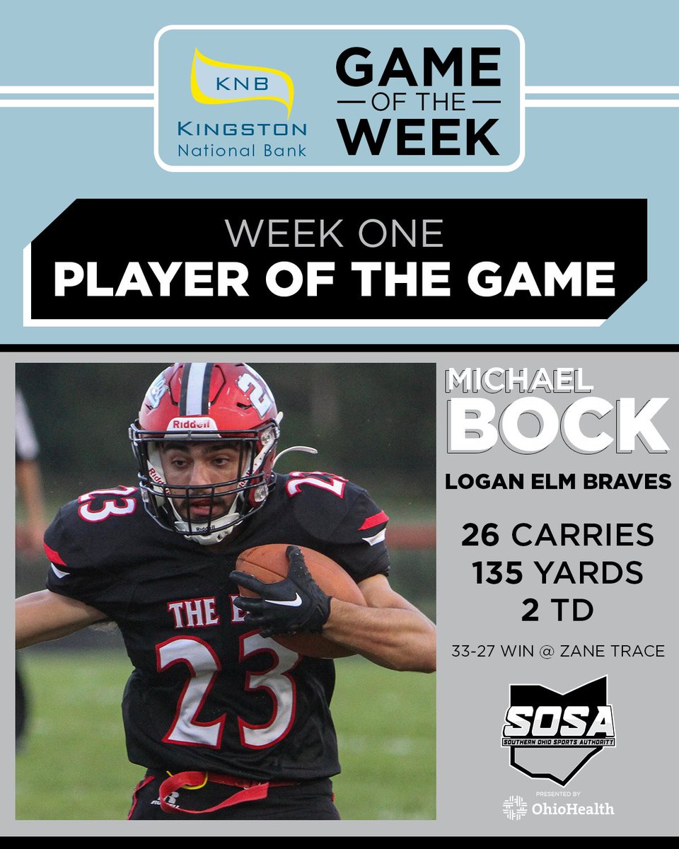 Our <a href="/kingston_bank/">KingstonNationalBank</a> Player of the Game from this past weekend’s Game of the Week is <a href="/LEBravesFB/">Logan Elm Football</a>’s Michael Bock.

The Braves’ running back rushed for 135 yards and a pair of touchdowns in a 33-27 win.